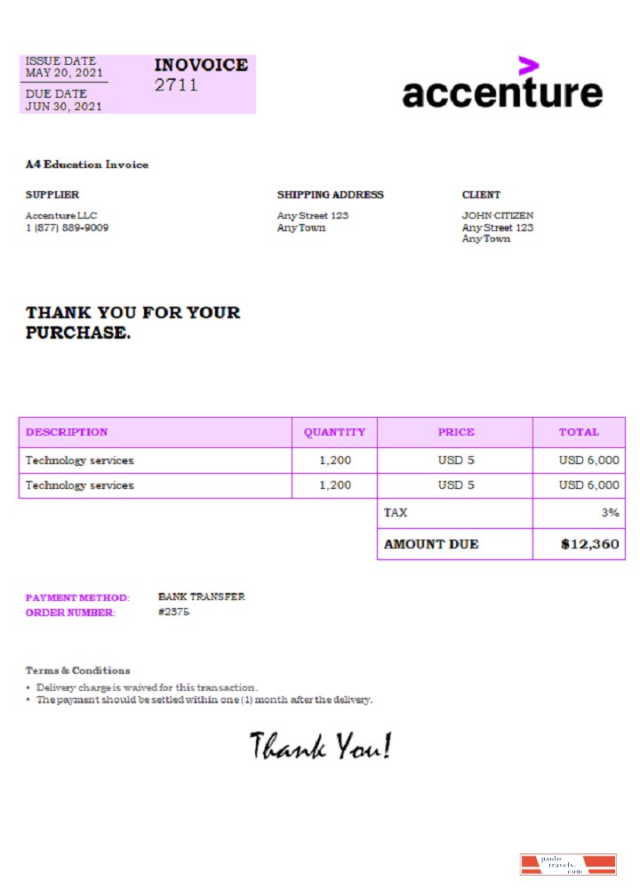 USA Accenture invoice PSD template